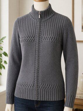 Coldwater Creek Gray Large Collar Neck Full Zip Cardigan Sweater Top Classic